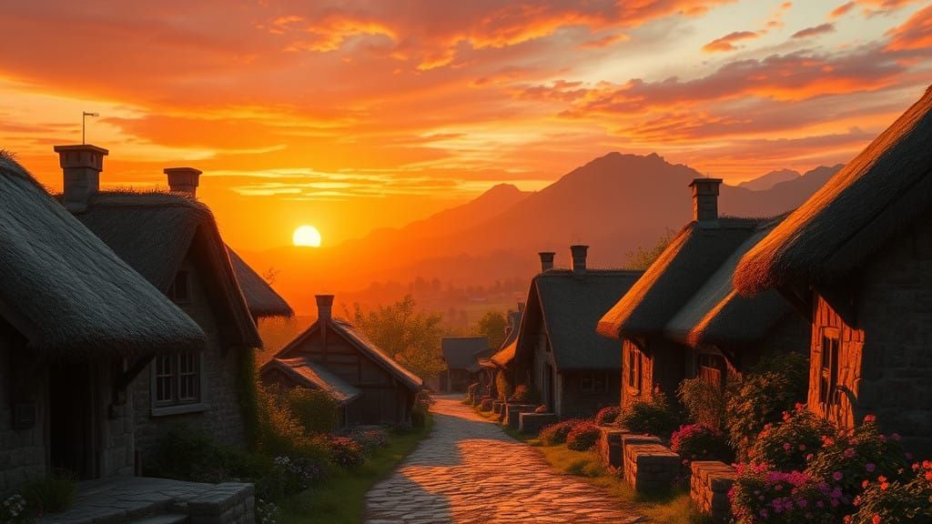 Idyllic Sunset Village in a Dreamlike Matte Painting Style