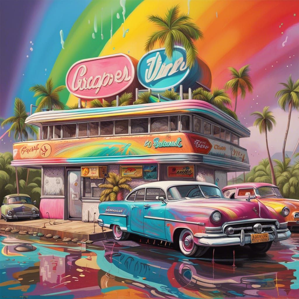 Colorful 1950s Diner Scene as Street Art