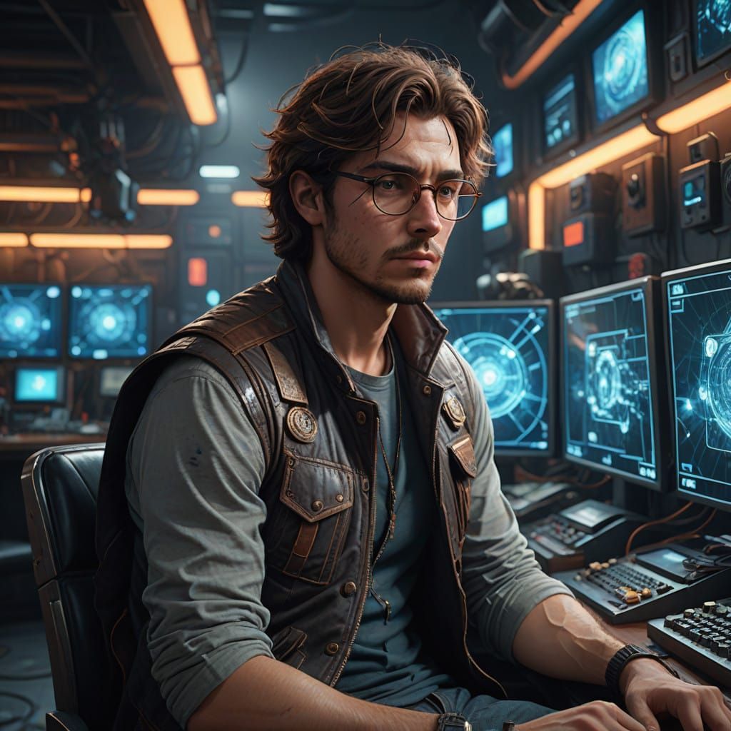 Cyberpunk Gamer Immersed in Futuristic Terminal