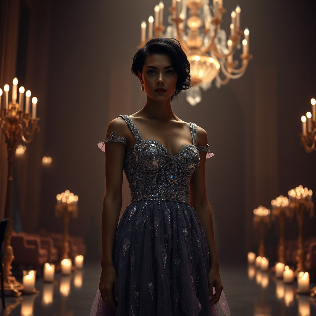 Woman in Crystalline Dress in Grand Ballroom
