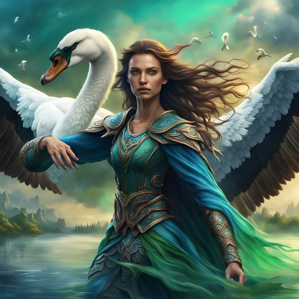 Swan Warrior Woman in Detailed Matte Painting