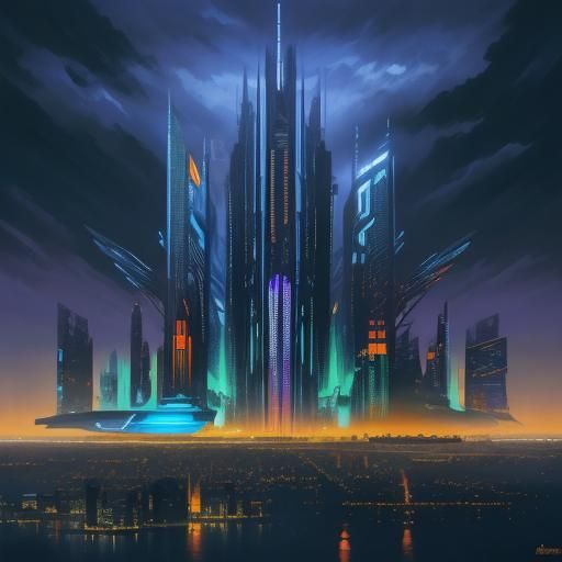 Futuristic Skyscraper in Triadic Color Oil Painting