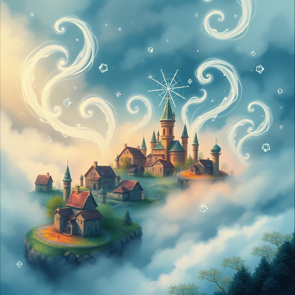 Dreamlike Village in Diamond-Infused Mist