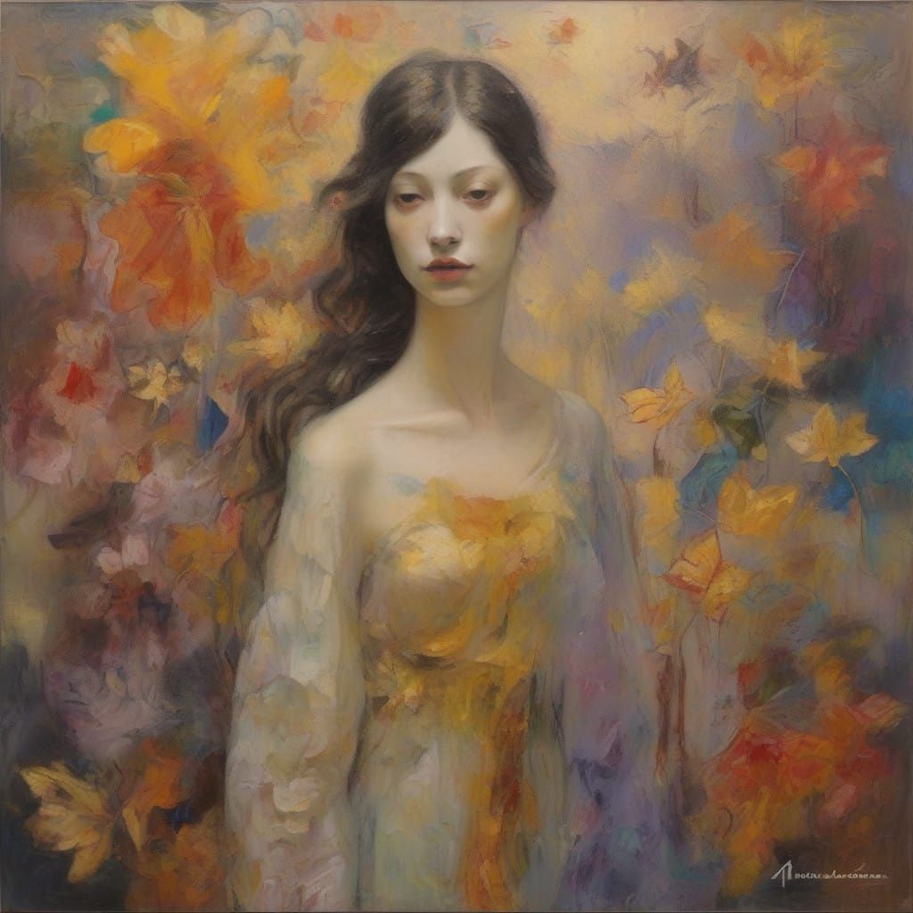 Whimsical Encaustic Woman in Autumnal Astral Landscape