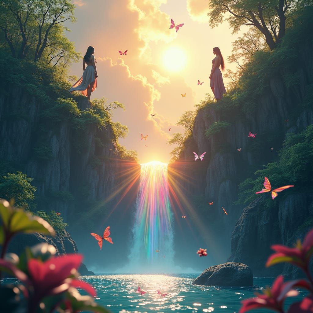 Tropical Mountains and Waterfall in a Fantasy Landscape