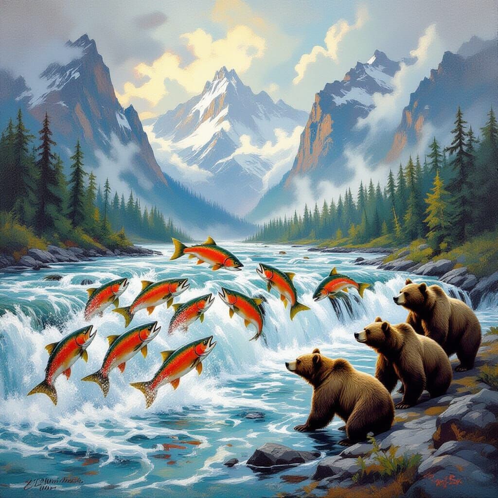 Salmon Leap Amidst Misty Mountains and Grizzly Bears in Oil ...