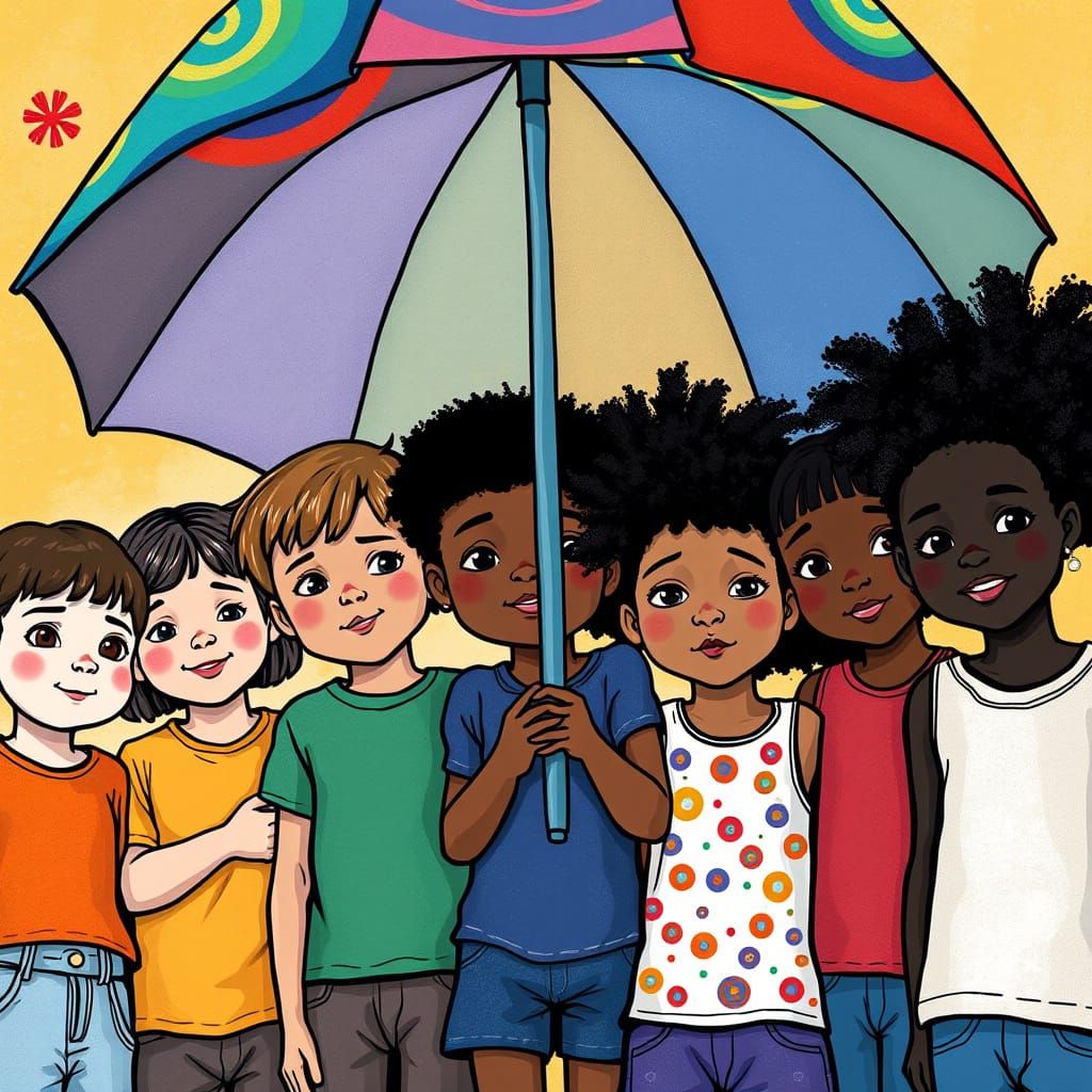 Children Celebrate Diversity Under a Colorful Umbrella