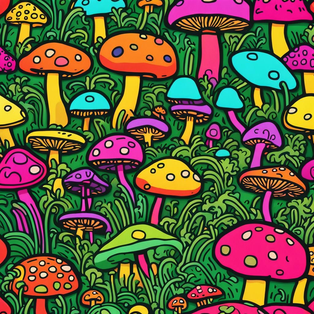 Colorful Mushrooms in Haring-Inspired Street Art