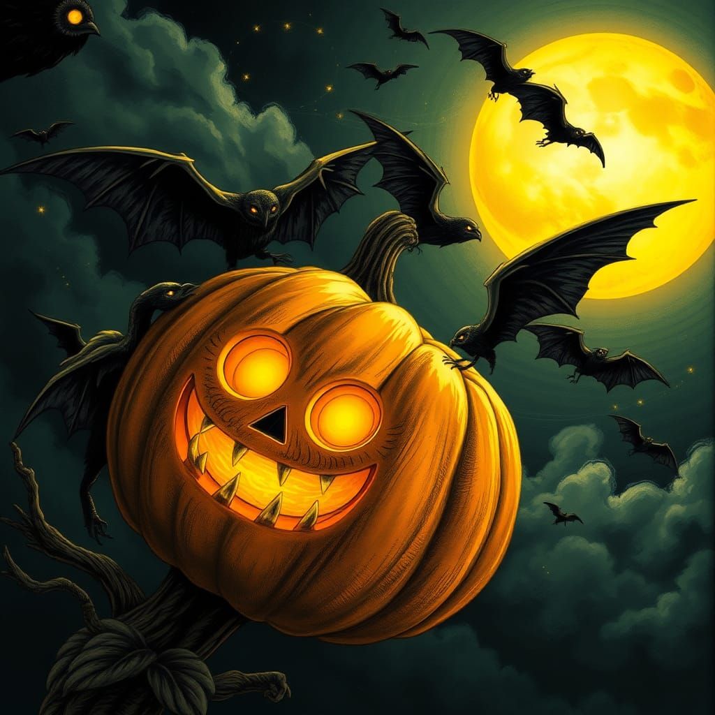 Halloween Pumpkin with Bats in Gothic Illustration Style