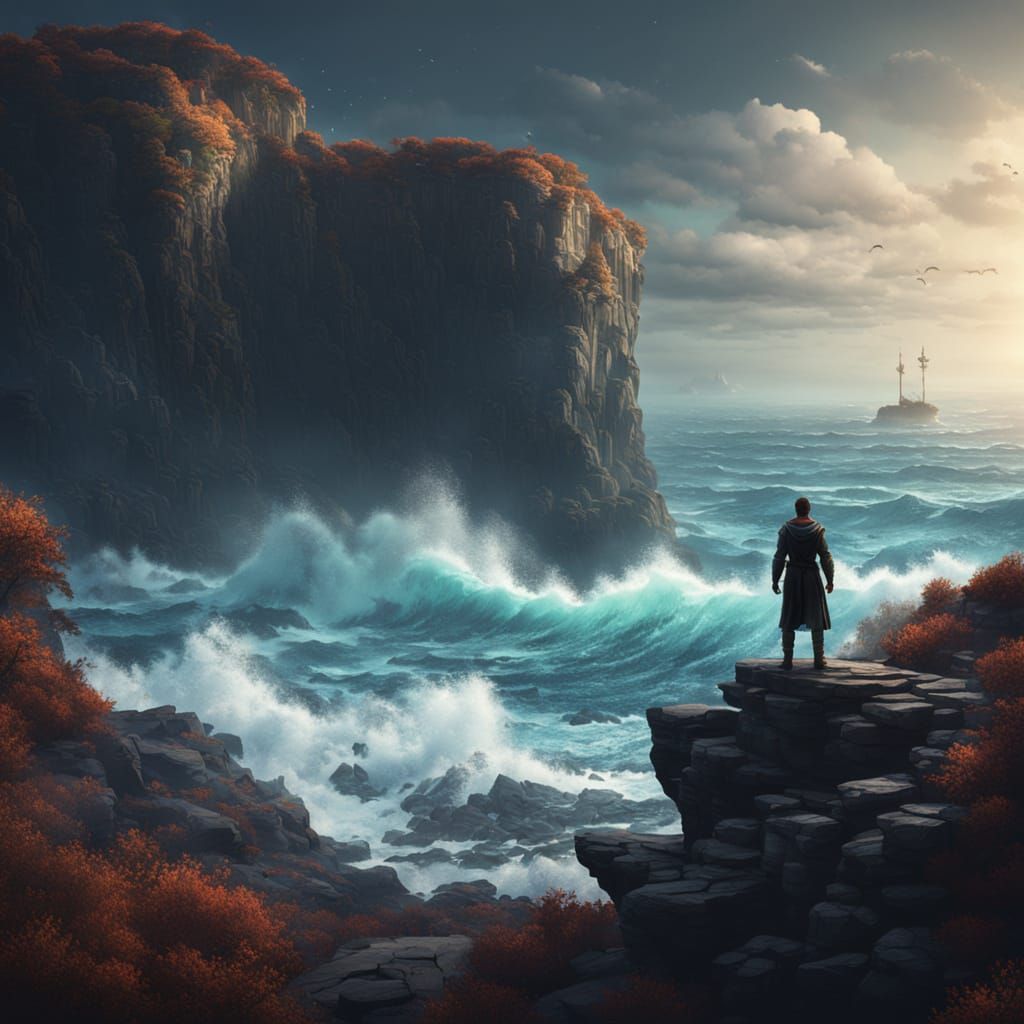 Lone Figure Overlooking Bioluminescent Ocean Waves