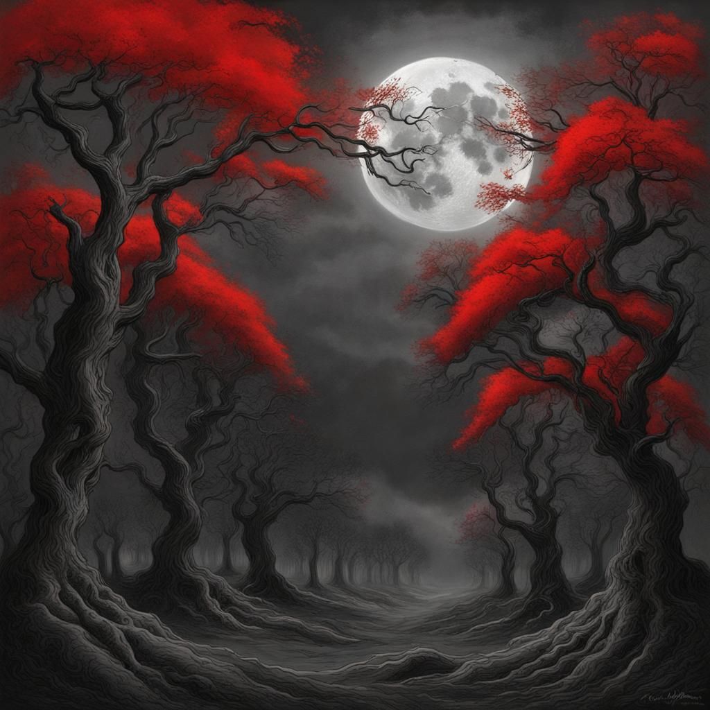 Sinister Mansion Under Red Moon in Horror Art Style