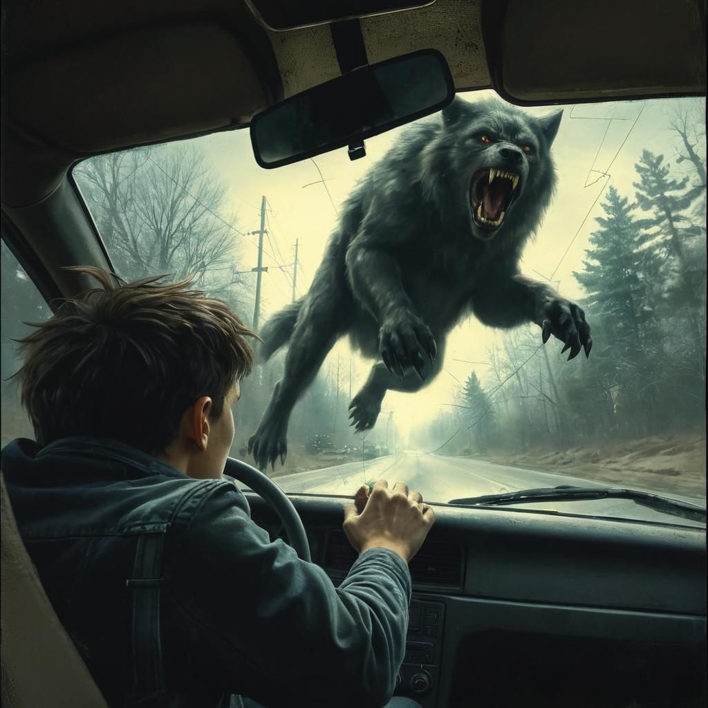 Werewolf Attack on Car Windshield: Dark Fantasy Horror