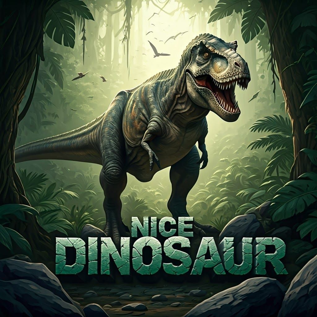 A fearsome T-Rex roams through a dense jungle, its massive form casting a shadow over the lush vegetation. The dinosaur'...