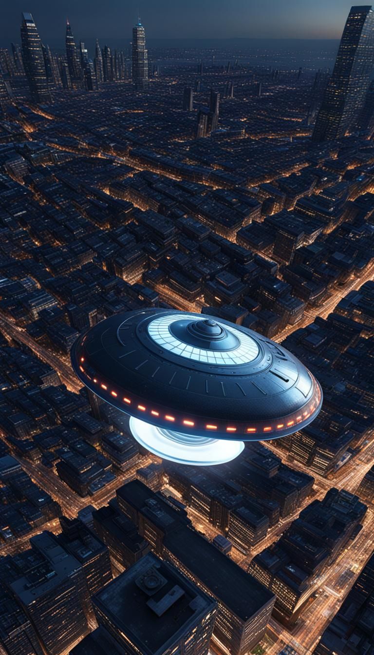 Flying Saucer Over City at Night in 8K