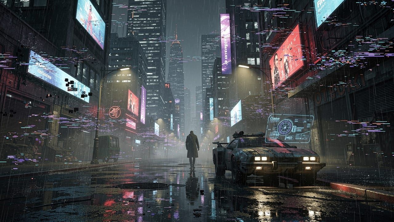 Neo-Noir Cityscape Glitched at Night