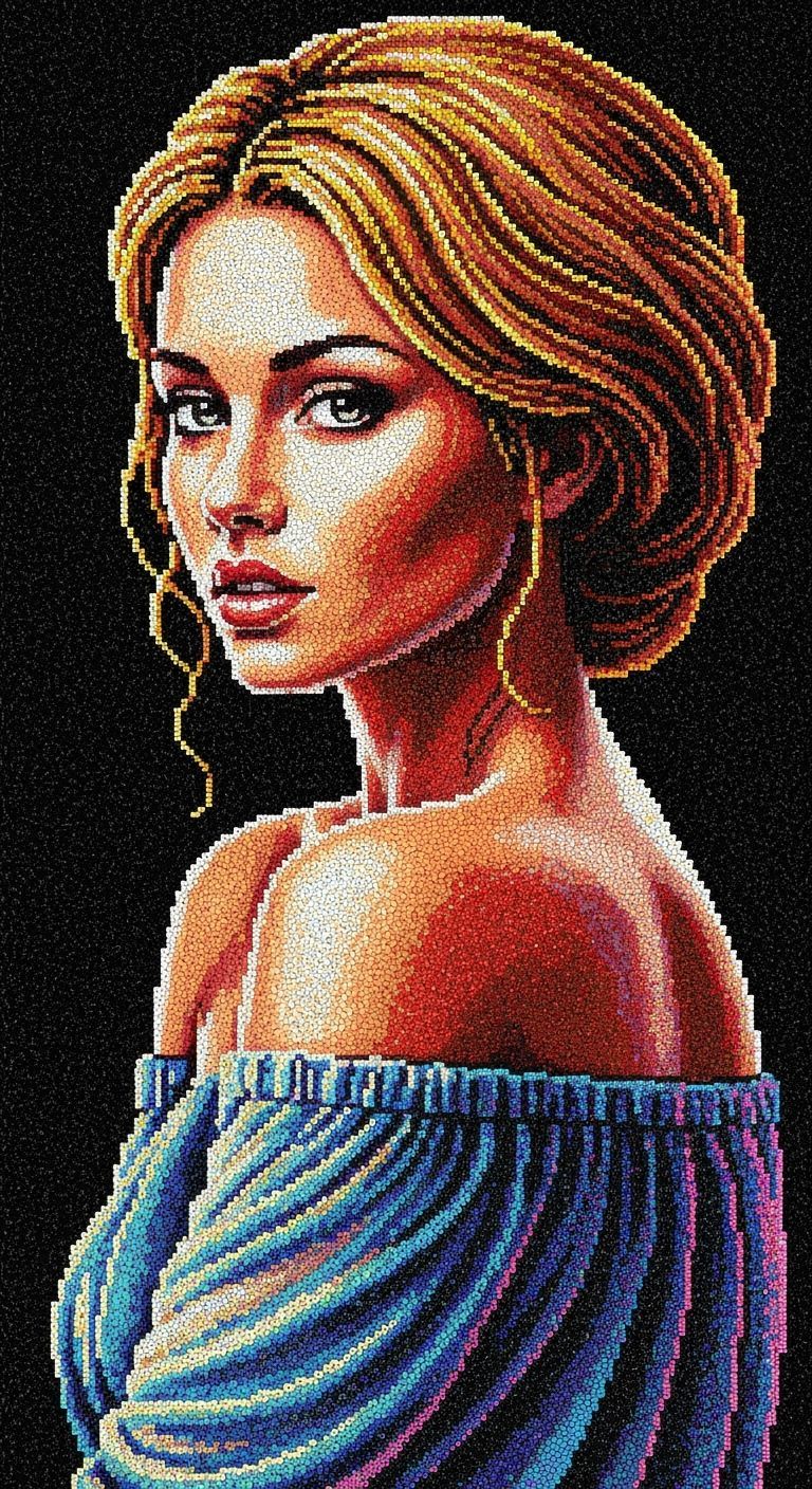 Beadwork Portrait of Woman in Off-Shoulder Dress