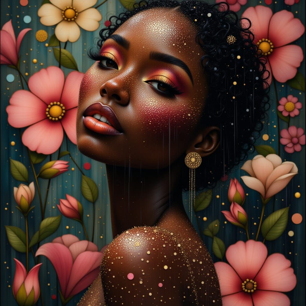 <lora:Shadow whimsy:1.0> Closeup Insanely detailed Full-body shot of a gorgeous black woman in the shower surrounded by ...