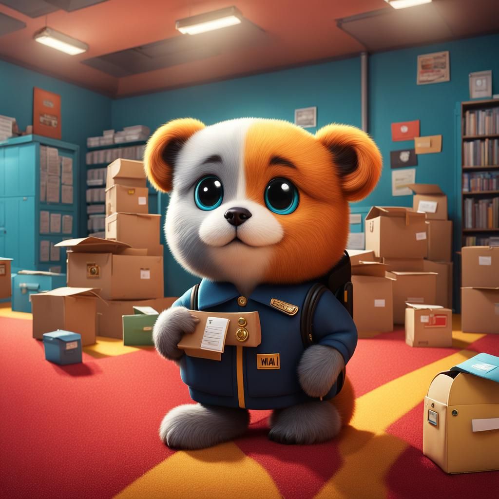 Cute Fuzzy Mailman in Clean Mailroom: Detailed Matte Paintin...