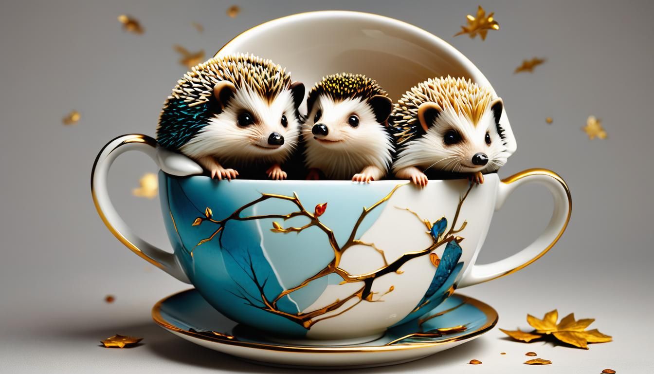 Hedgehogs in Kintsugi Cup: Hyperdetailed Concept Art