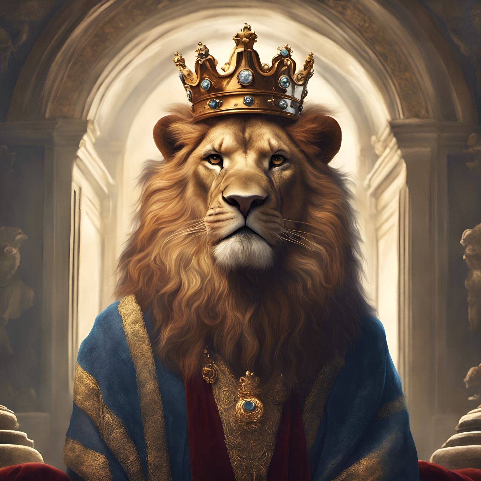Regal Lion Portrait in Golden Age Illustration Style