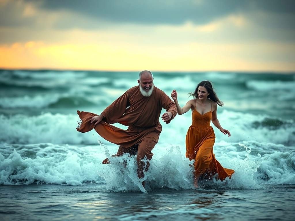 Dad and Nun Dancing into the Stormy Sea in a Vibrant Impress...