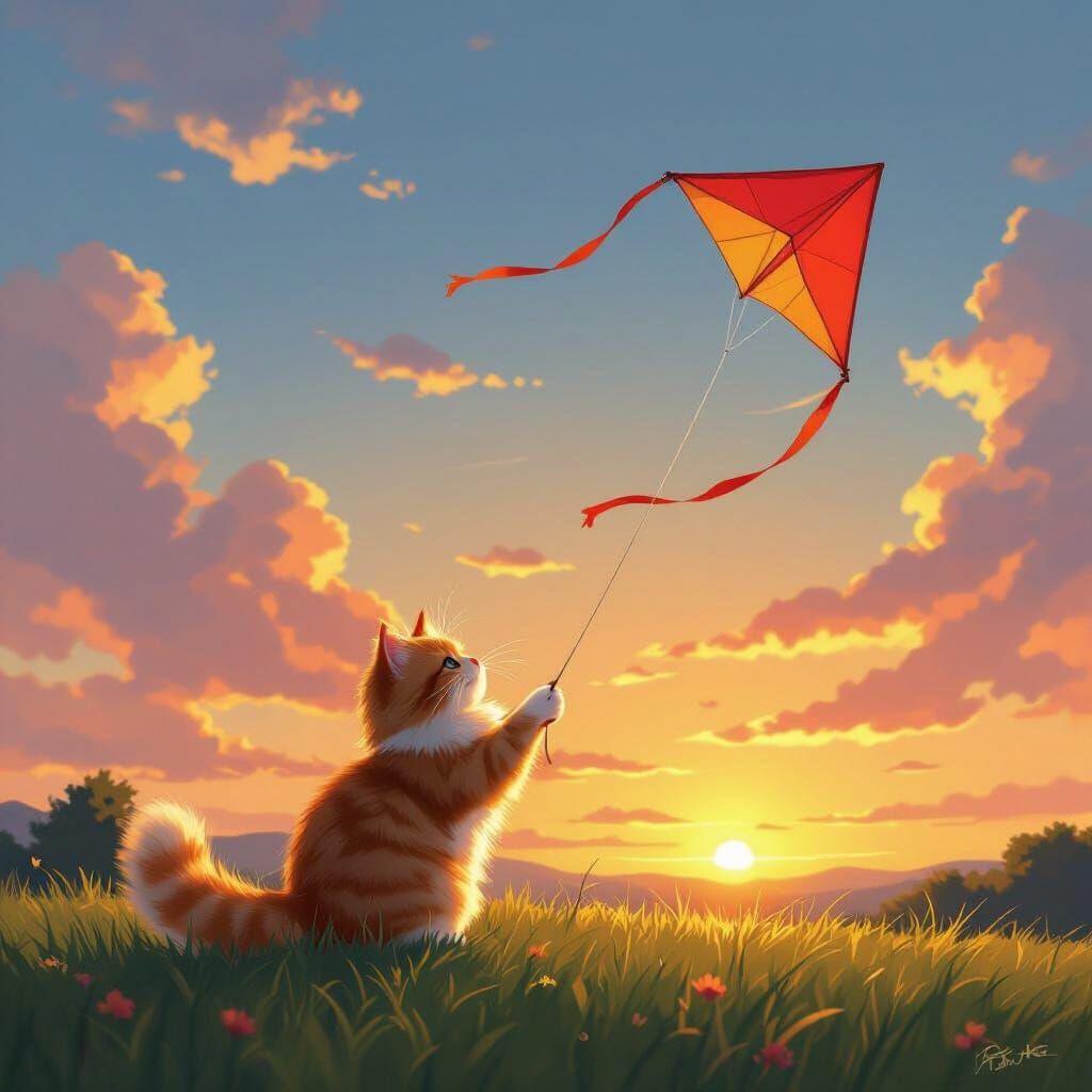 Fluffy Ginger Cat Chases Kite at Sunset