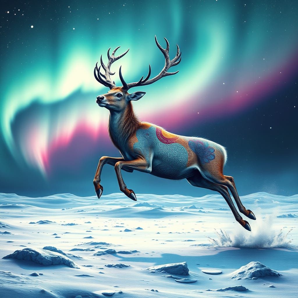 Majestic Space Deer in Lunar Northern Lights