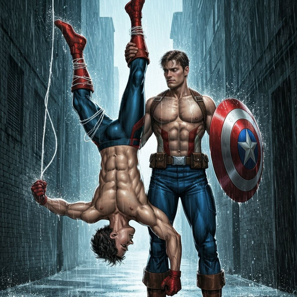 Muscular Peter Parker and Steve Rogers in Rain
