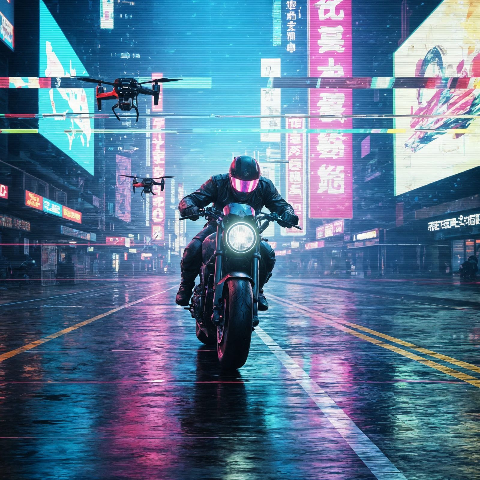 Cyberpunk Motorcycle Chase with Glitch Effects
