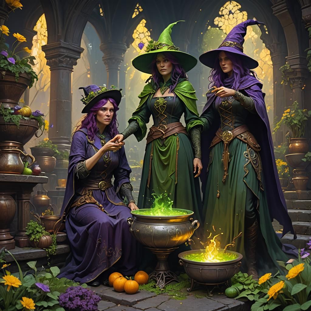 Green Cauldron and Witch in Dark Fantasy Style