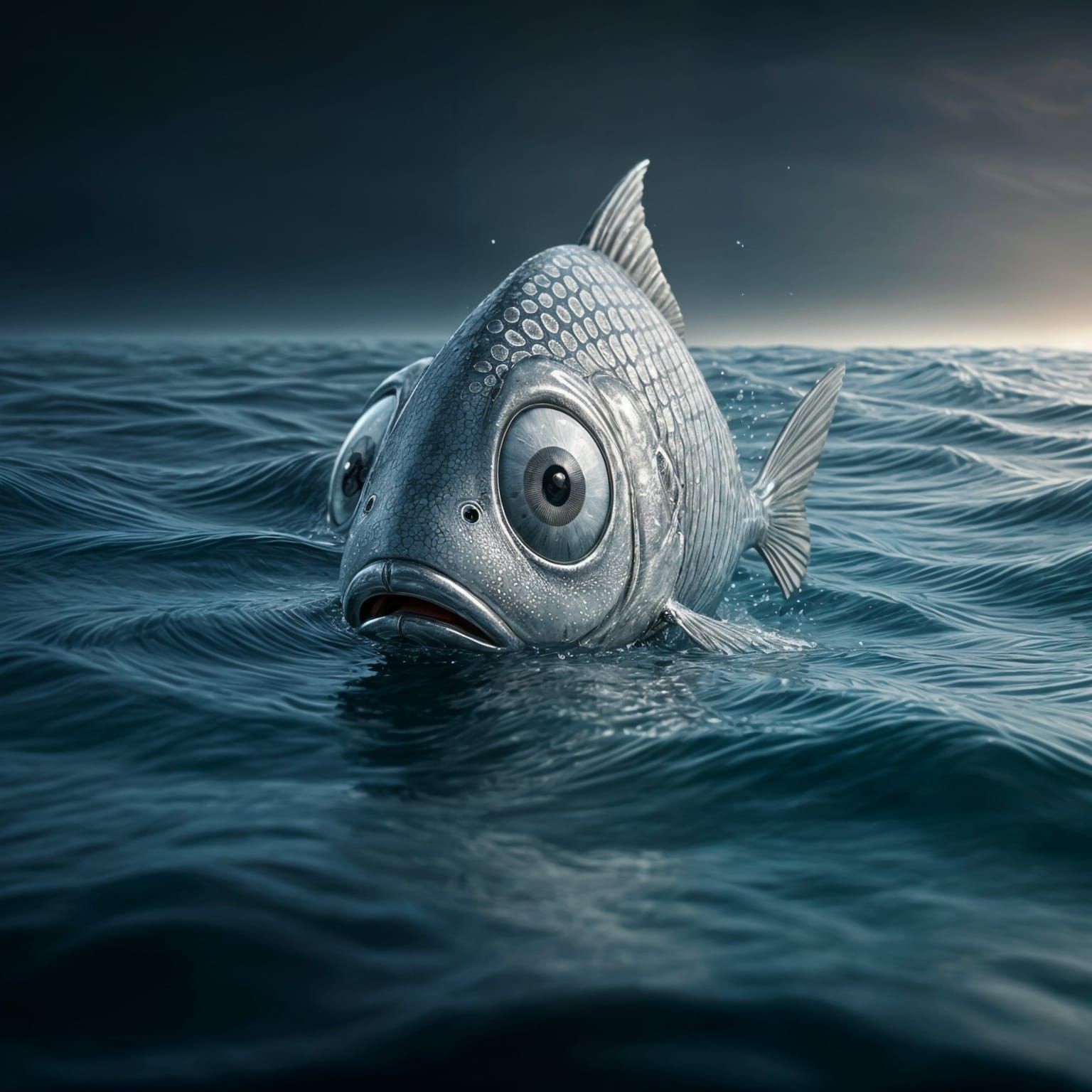 Pixar-Style Confused Silver Fish Underwater