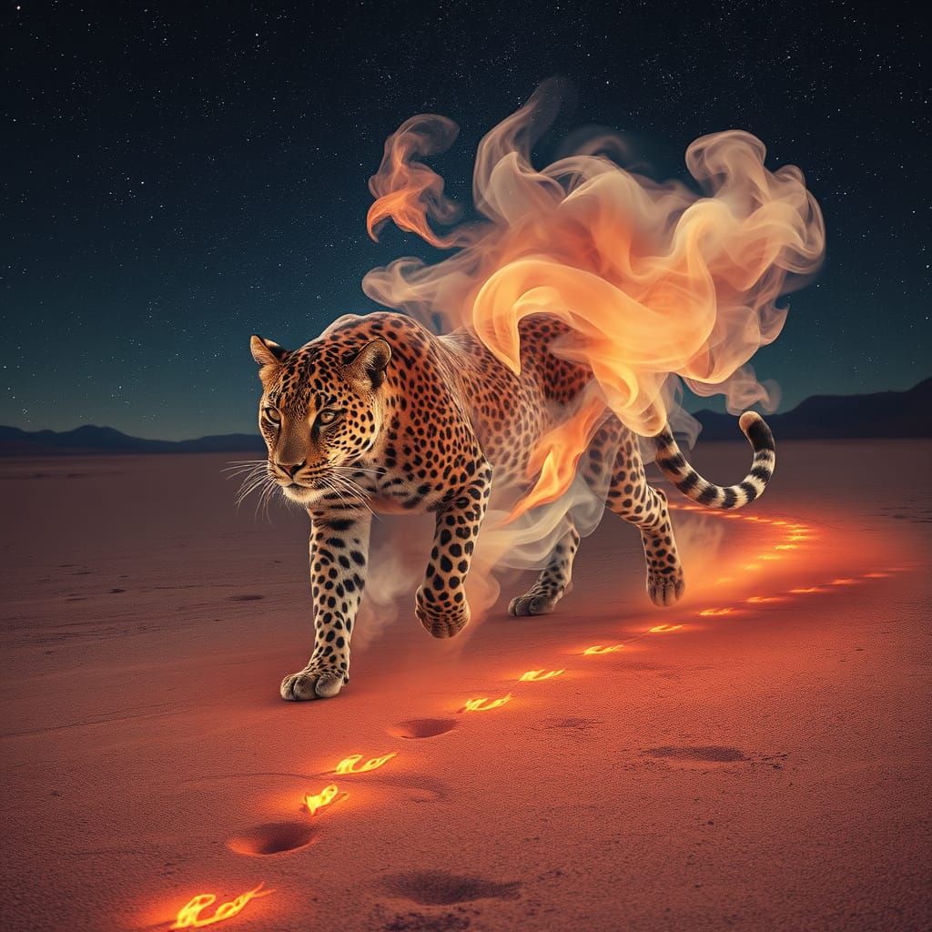 Ethereal Burning Leopard Walks a Cosmic Desert