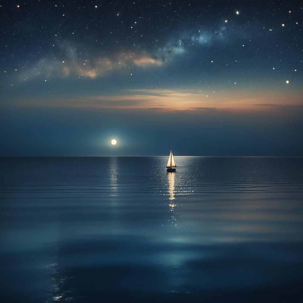a single sailing boat on a calm sea at night, the sunset is ...