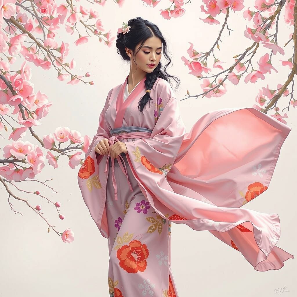 Serene Kimono Woman Among Cherry Blossoms