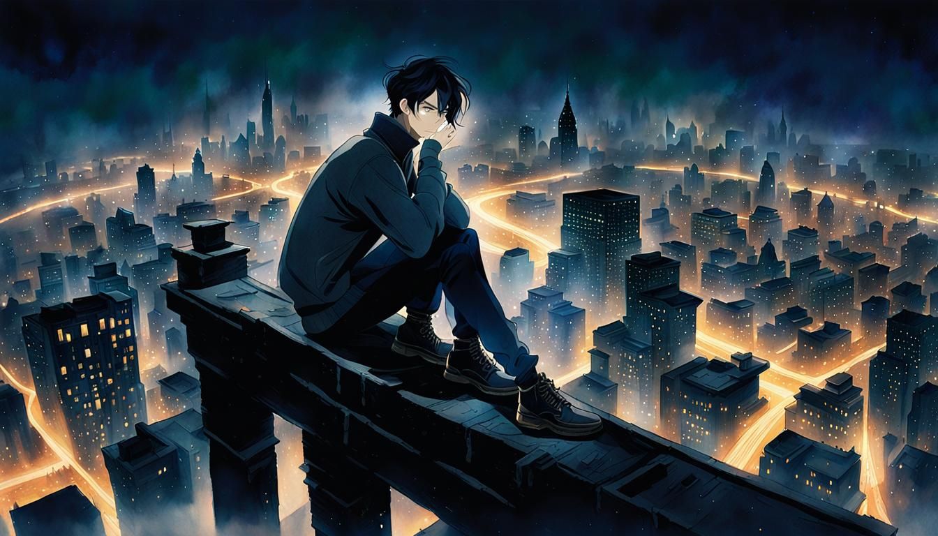 Boy Gazing at City Lights in Anime Style