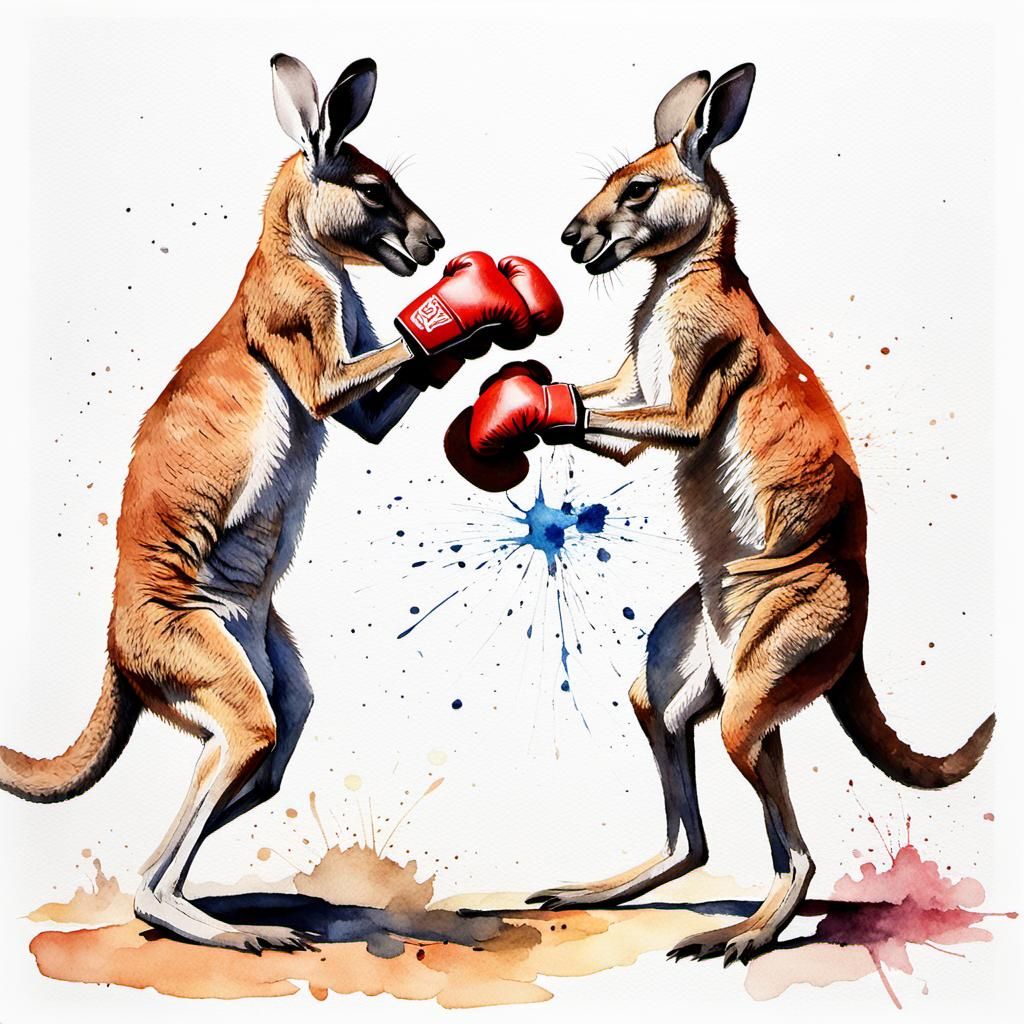 Two kangaroos boxing
