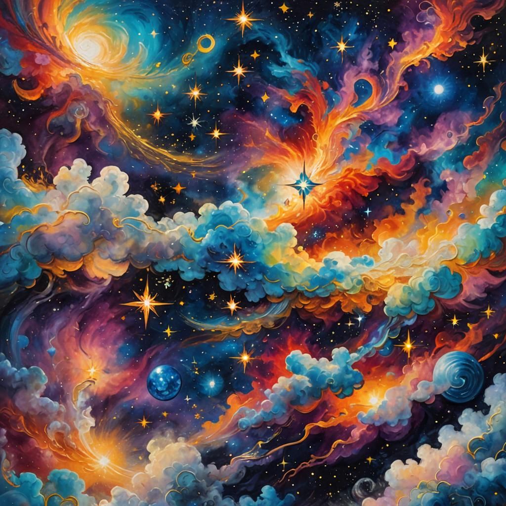 Surreal Starry Night in Mixed Media Style