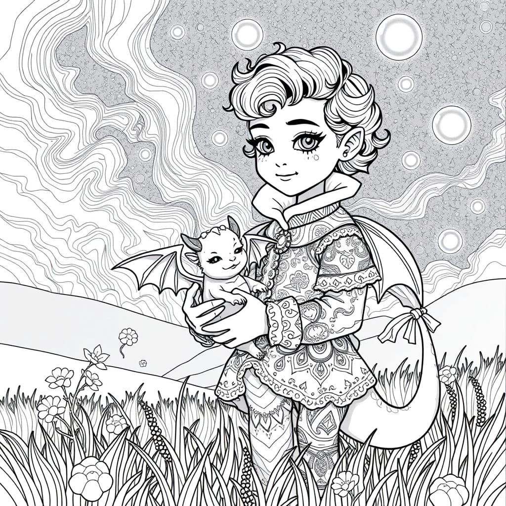 Whimsical Harlequin Boy in Fantasy Attire with Dragon Compan...