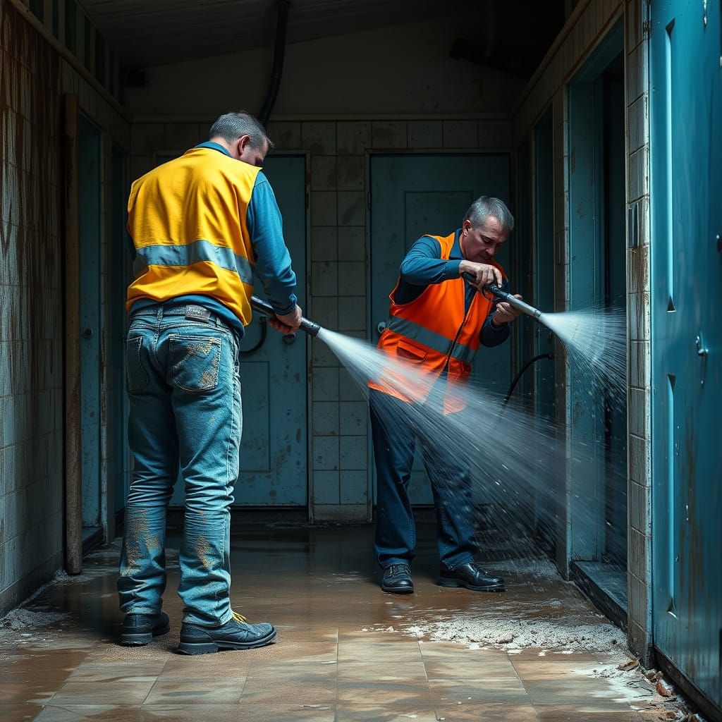 Two Men Clean a Grimy Public Toilet Block in Gritty Realism...