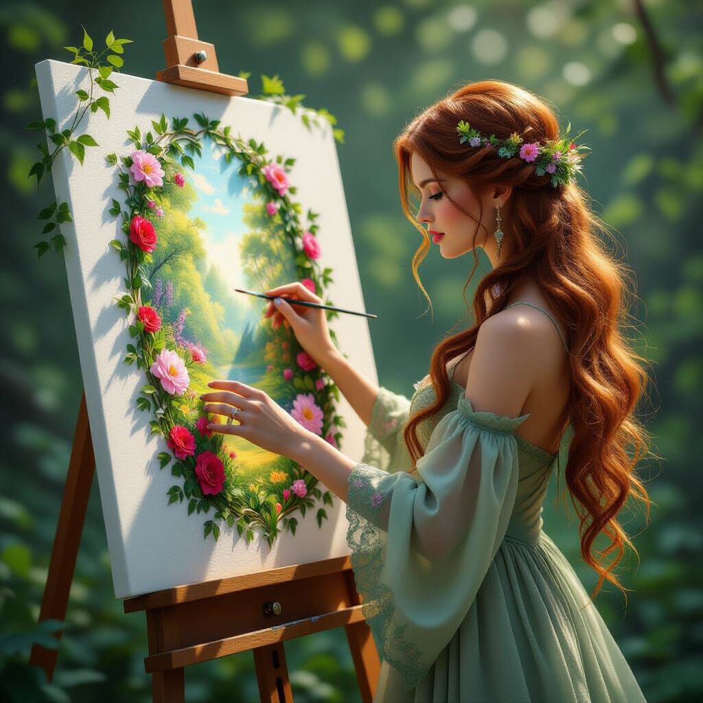 Magical Dryad Artist Painting Flowers That Grow From Canvas