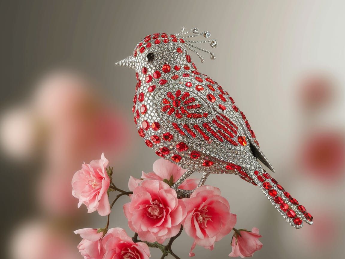 Exquisite Jewel-Toned Bird on Floral Branch