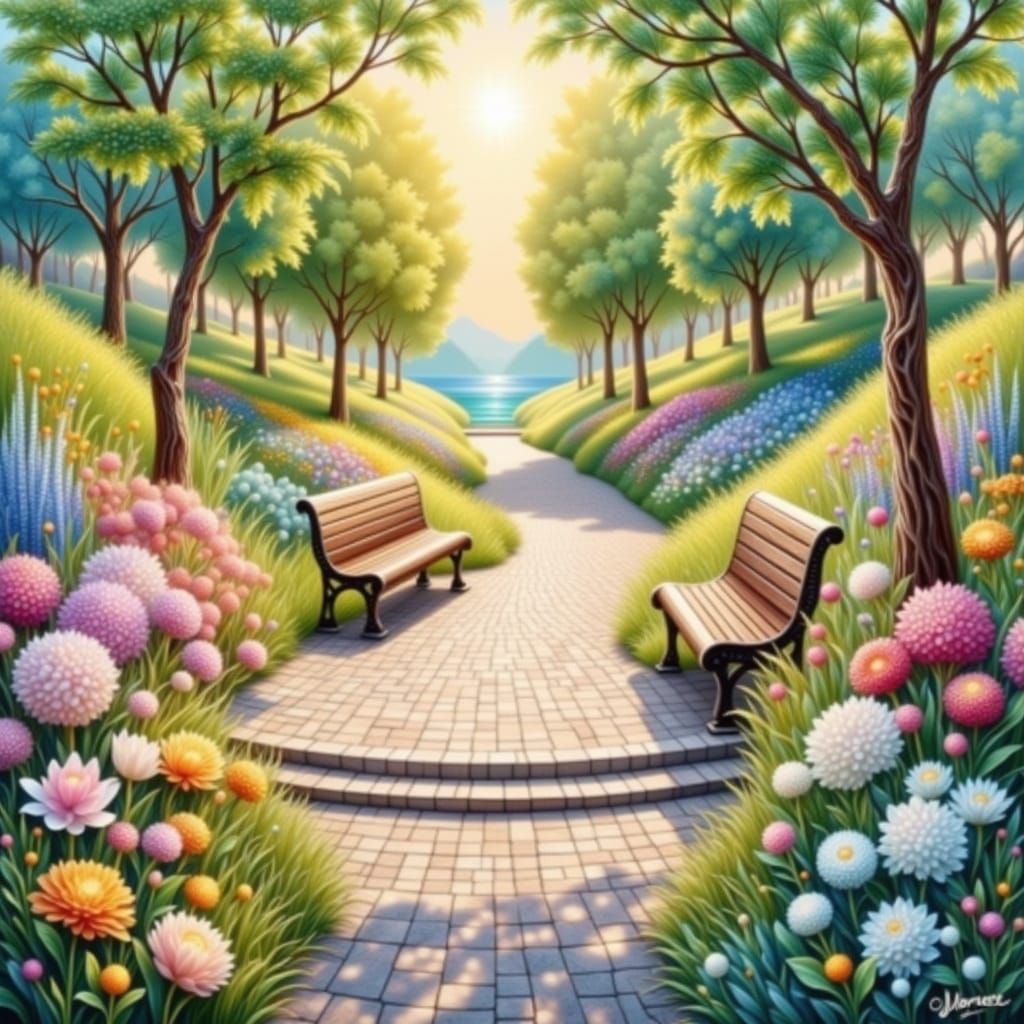 Park Scene in Neo-Impressionism Expressionism Style