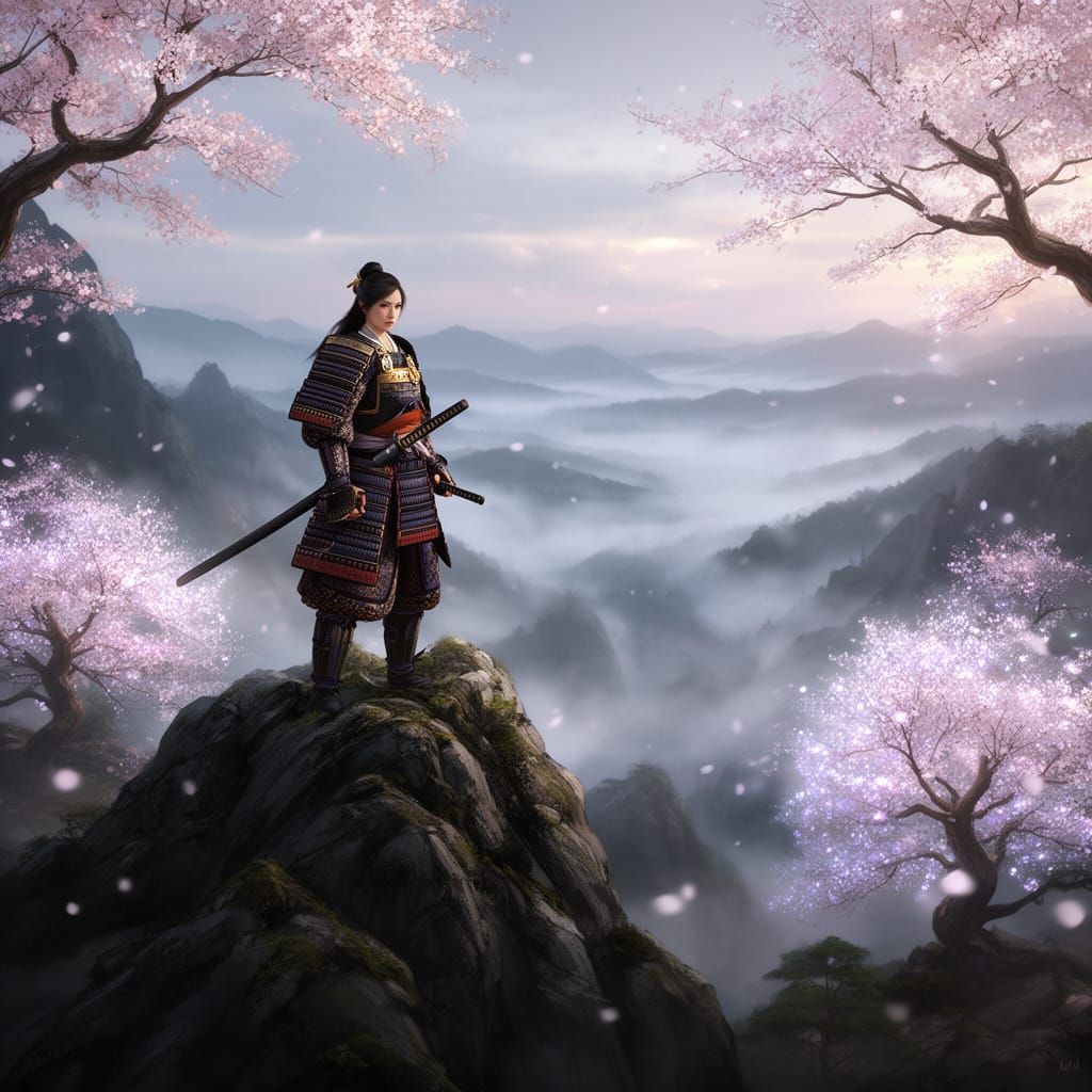 Samurai Woman on Misty Mountain Peak in Concept Art Style