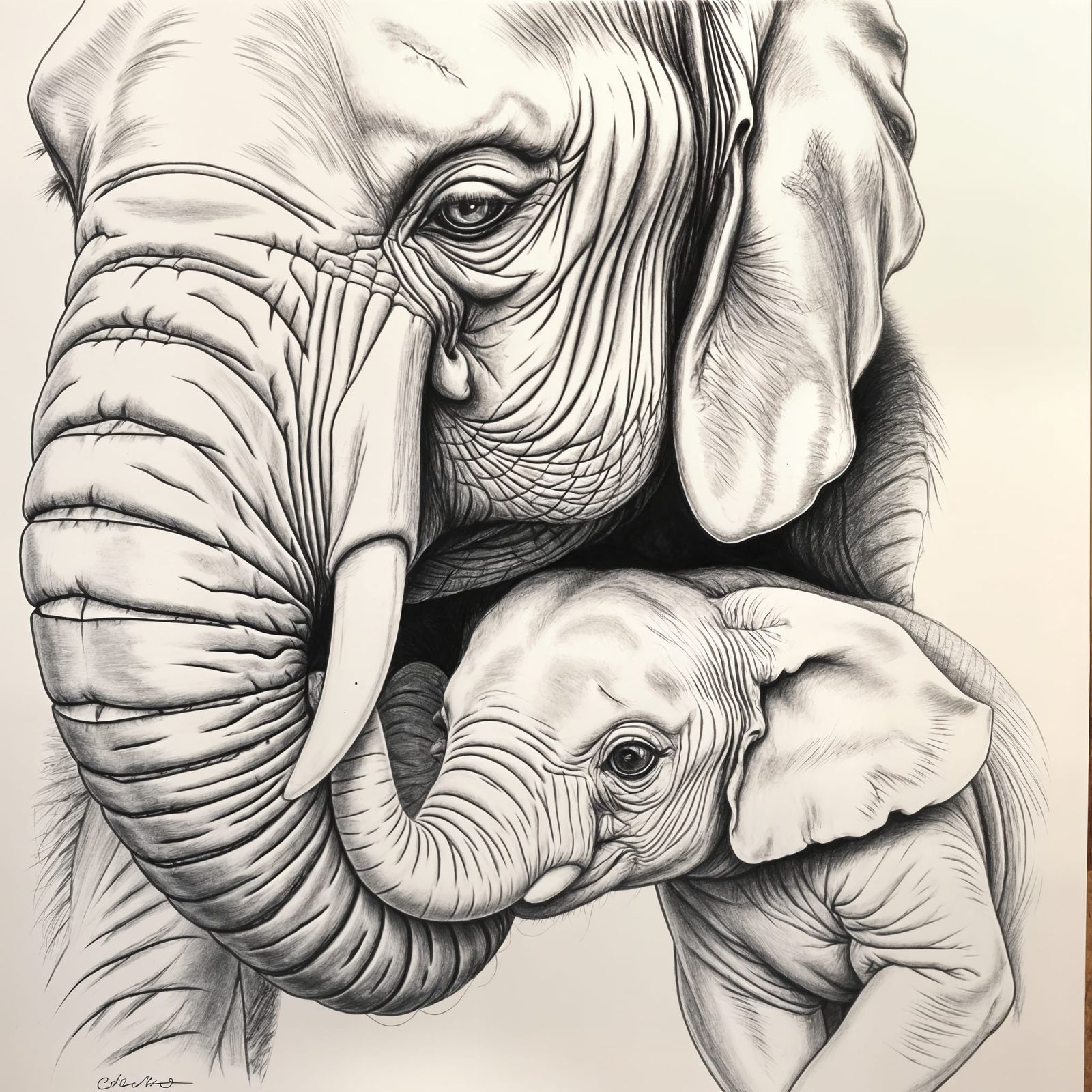 Touching Moment: Mother and Baby Elephant in Graphite