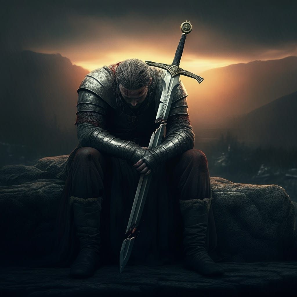 Warrior Contemplates Broken Sword in Dark Fantasy Landscape