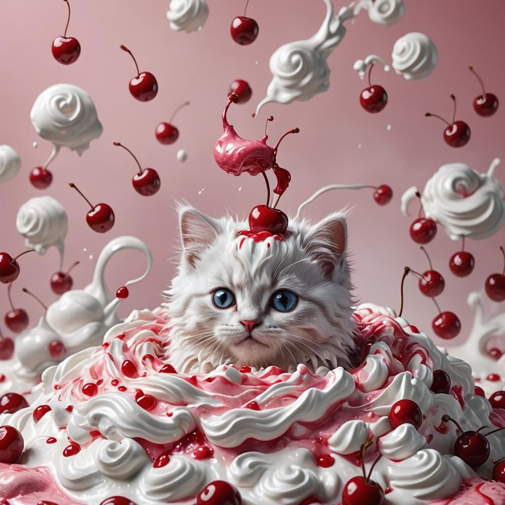 Fluffy Pink Kitten in Cream with Cherry