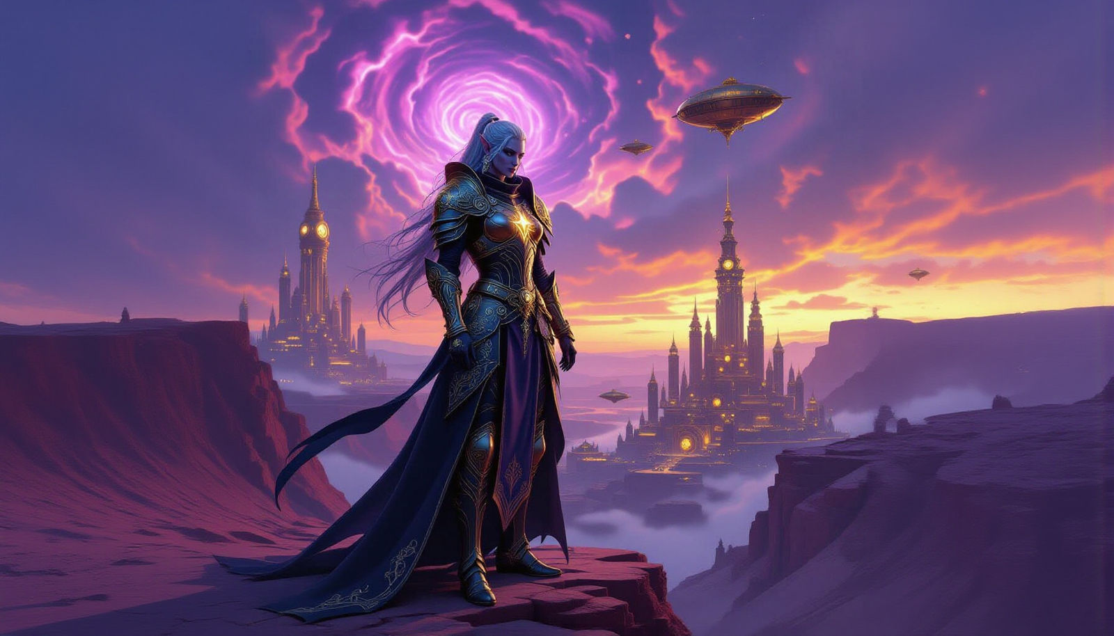Drow Paladin Above Steampunk City in Nebula Sky