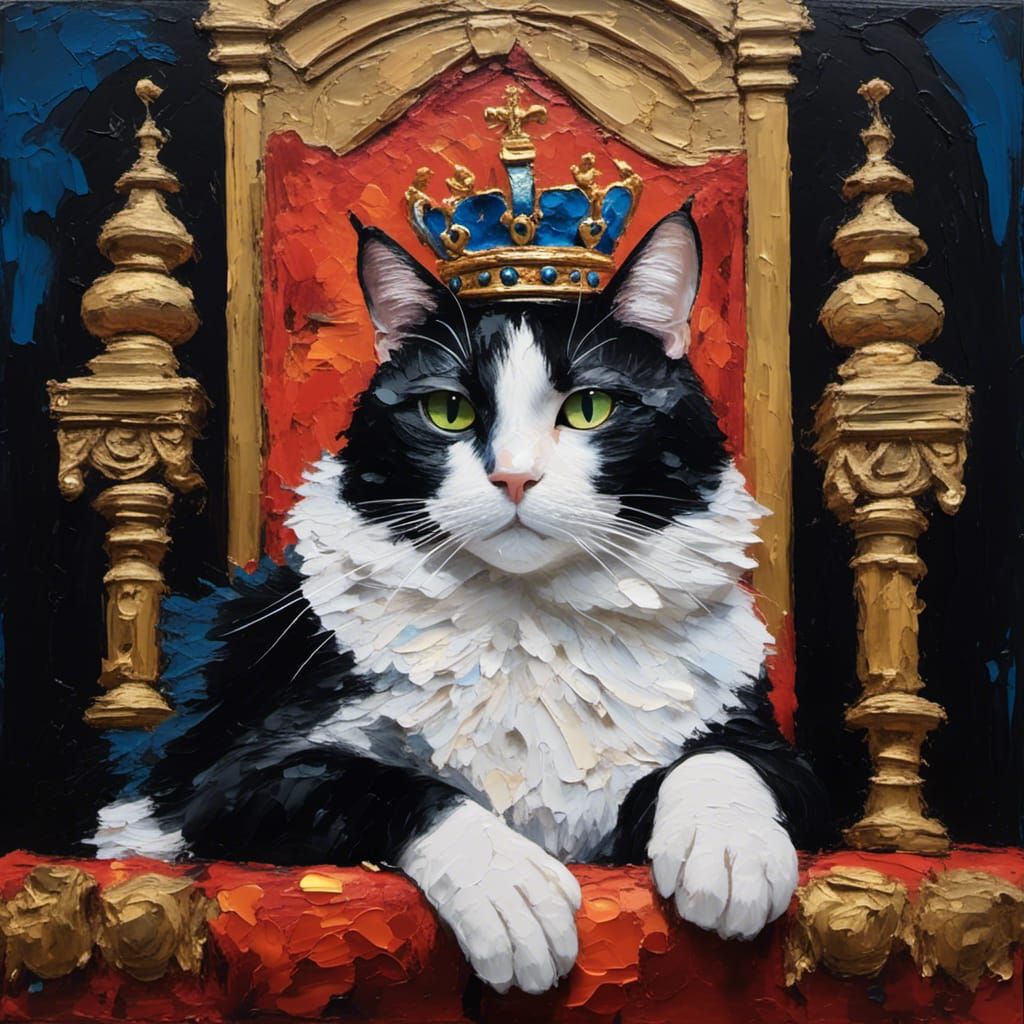 Royal Cat on Throne: Renaissance Impasto Oil Painting