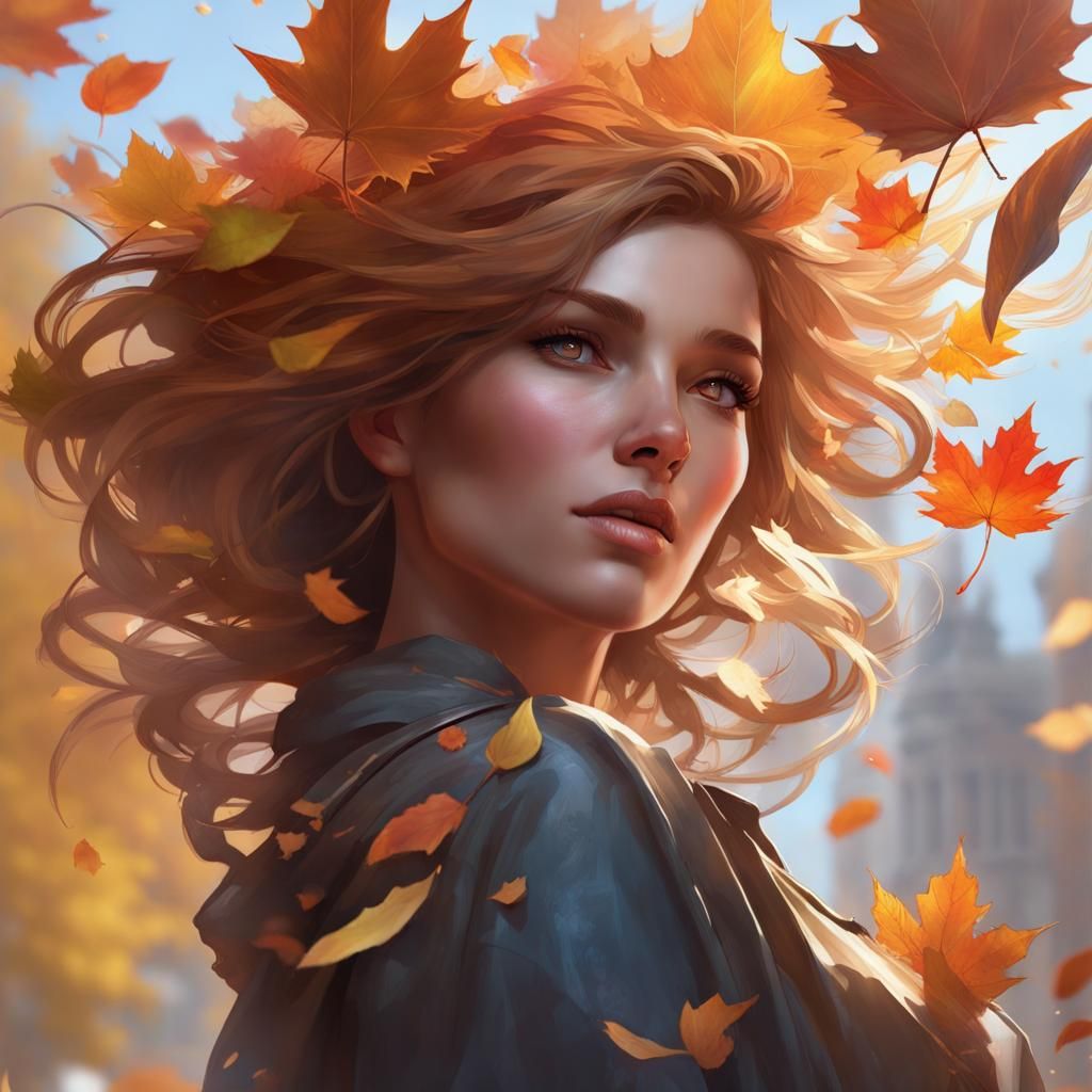 Autumnal Portrait with Dancing Leaves in Art Nouveau Style
