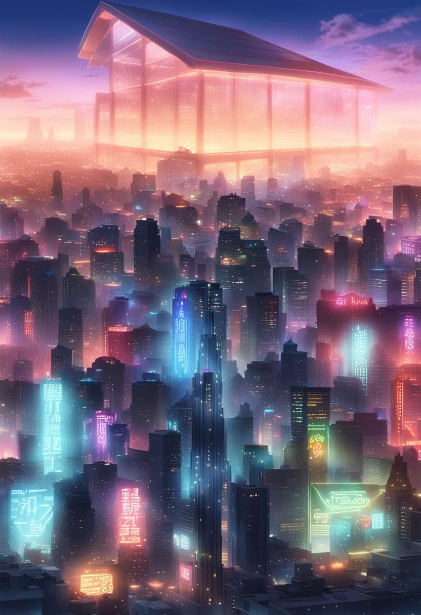 Futuristic Anime Cityscape at Dusk in Japanese Manga Style